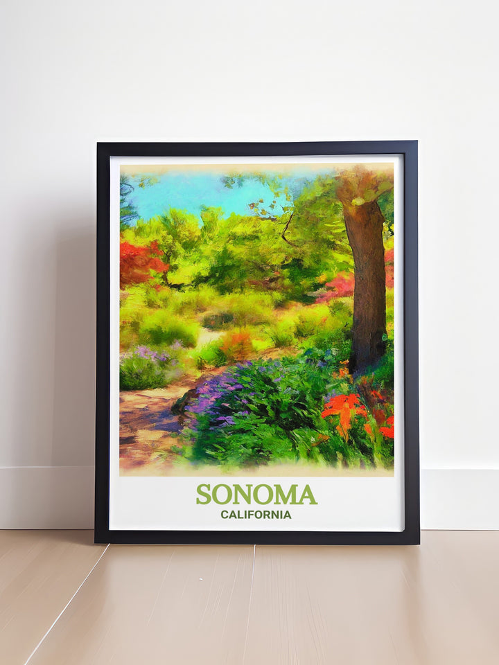 Sonoma art print in fine line black and white paired with Quarryhill Botanical Garden prints for a stunning home decor piece. This modern Sonoma poster is perfect for adding charm to your living room and makes a thoughtful gift for all occasions.