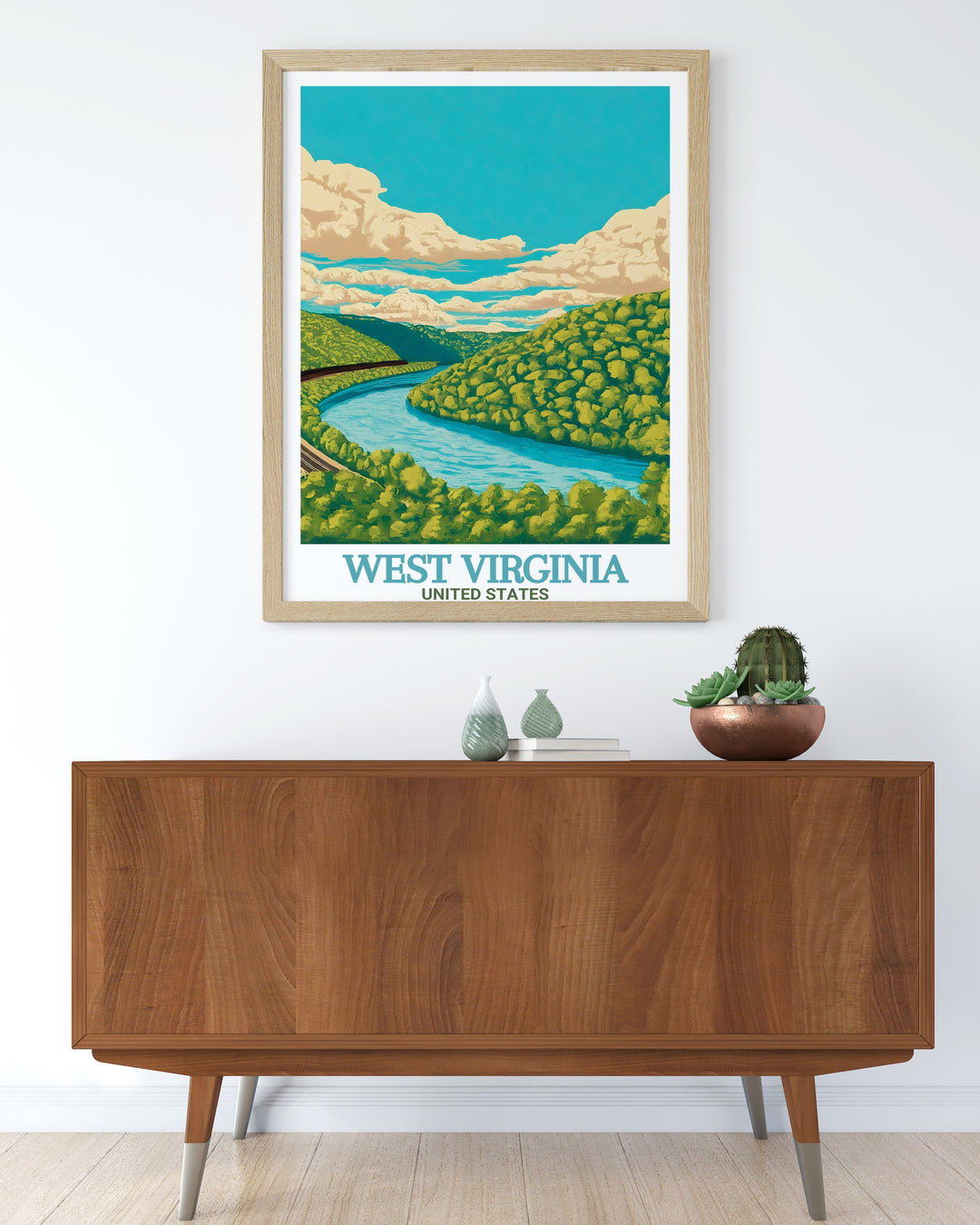 A beautiful West Virginia poster of Snowshoe Ski Resort and Cass Scenic Railroad State Park perfect for bringing the scenic beauty of the Appalachian Mountains into your home with this stunning framed print ideal for lovers of vintage travel art.