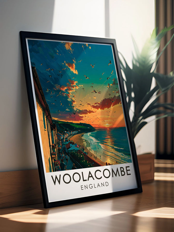 Beautiful framed print of Woolacombe Esplanade highlighting the captivating views of Devon perfect for enhancing any room with its natural beauty and sophistication an excellent gift for travelers and art lovers