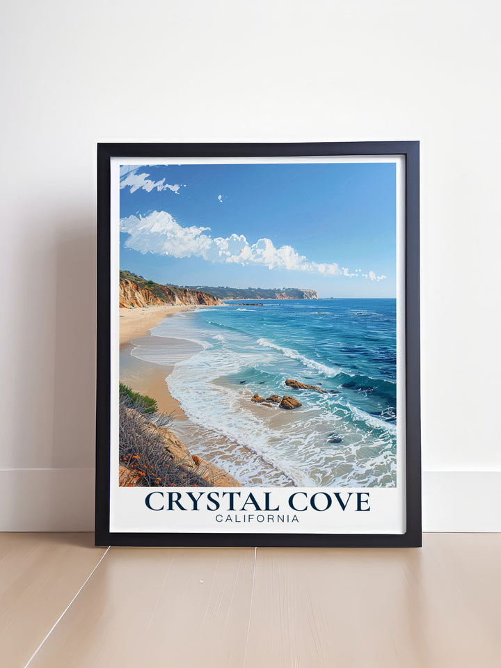 Immerse yourself in the tranquility of Crystal Cove State Park Beach with this stunning travel print showcasing the picturesque shores and gentle waves of Californias coastline ideal for adding a touch of coastal charm to your home decor.