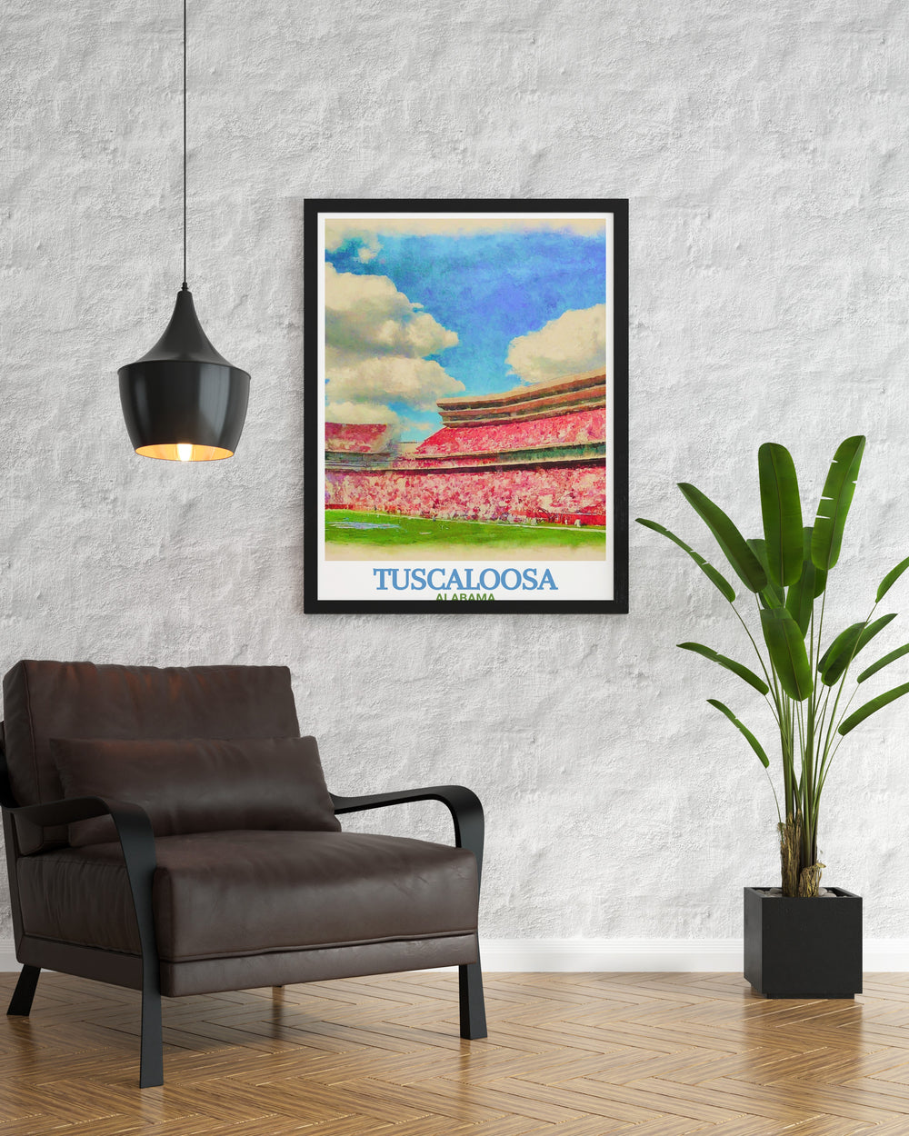 Tuscaloosa Alabama poster showcasing Bryant Denny Stadium and city map ideal for enhancing your home with elegant Tuscaloosa decor and stunning cityscape artwork making a perfect gift for fans and residents of this beautiful city.