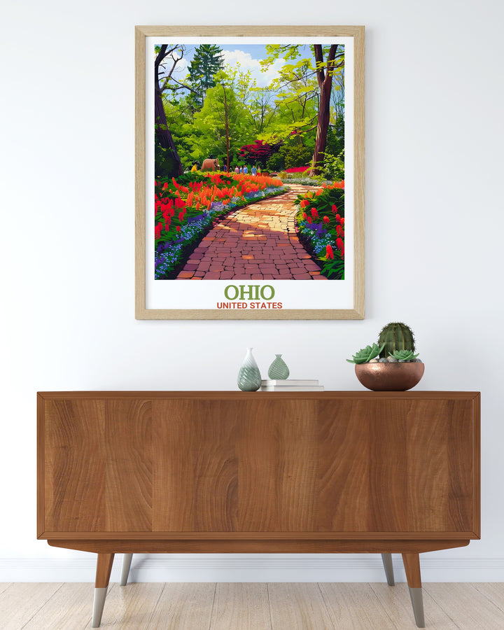 Ohio landscape poster highlighting the states diverse landmarks, including the Cincinnati Zoo and the bustling city of Cincinnati. This travel print offers a blend of nature and urban beauty, capturing the essence of Ohio in a single artwork. Available in digital or framed format, perfect for home décor or gifts.