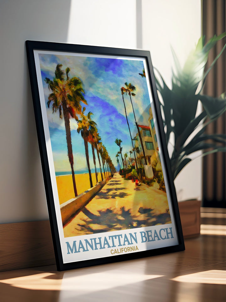 Featuring Manhattan Beachs sunlit shores and the lively Strand, this canvas art brings the best of Californias beach culture into your home. Perfect for any room, this poster print evokes the coastal charm and relaxing vibes of Southern California.