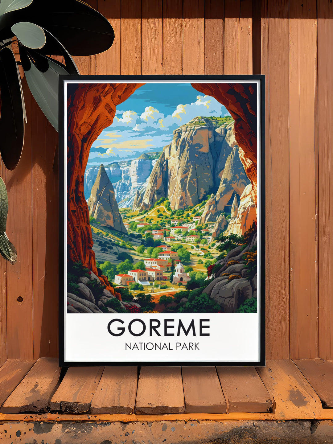 This travel poster of Goreme National Park in Cappadocia, Turkey, features the iconic Fairy Chimneys and the historical treasures of the Open Air Museum, creating a vibrant and detailed artwork that celebrates the regions unique landscape and rich history.