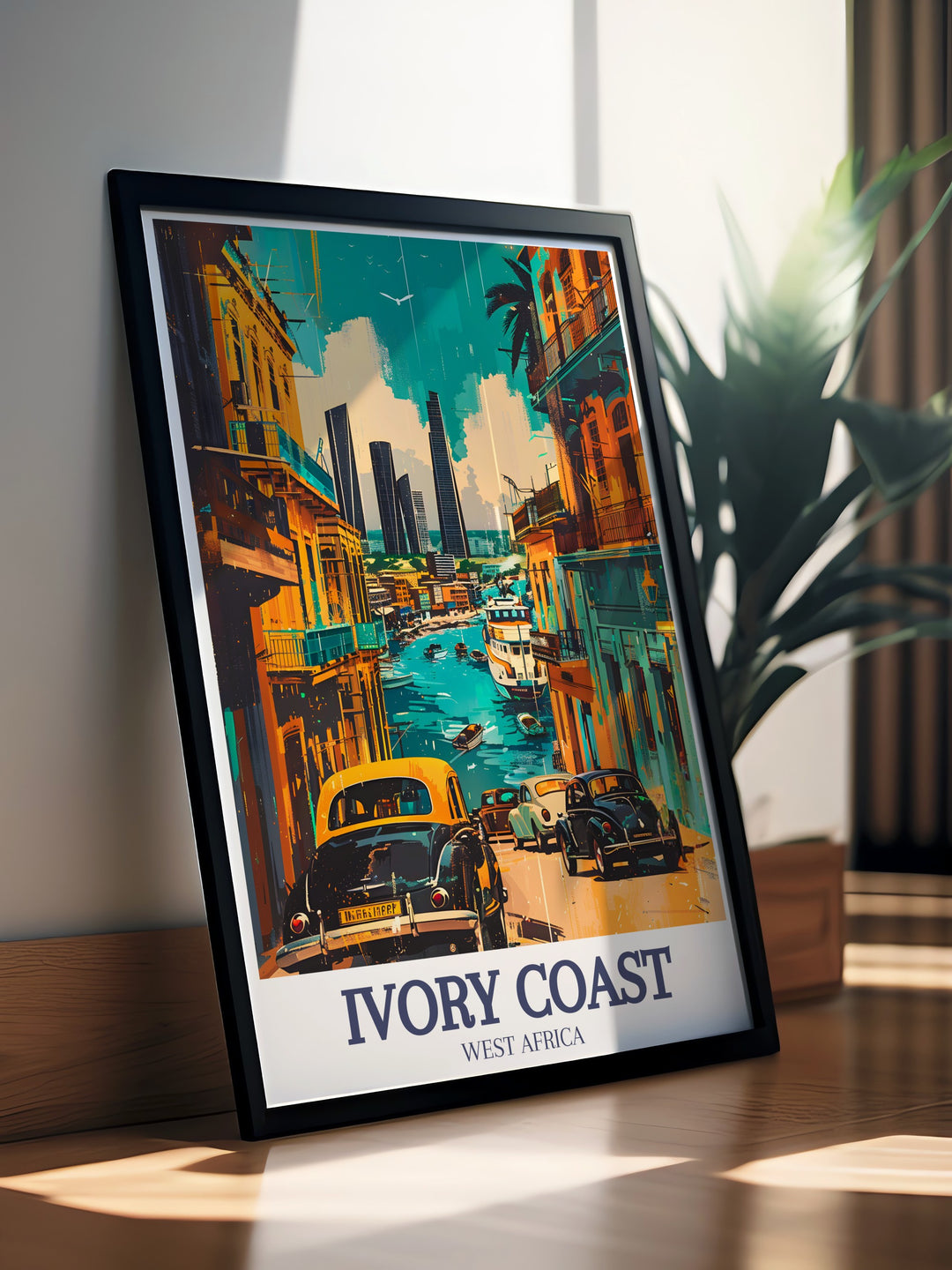 This digital download poster of Abidjans Plateau district offers a stunning visual representation of Ivory Coasts bustling capital. Ideal for a contemporary home or office, this print is perfect for those who want to incorporate modern African art into their decor.