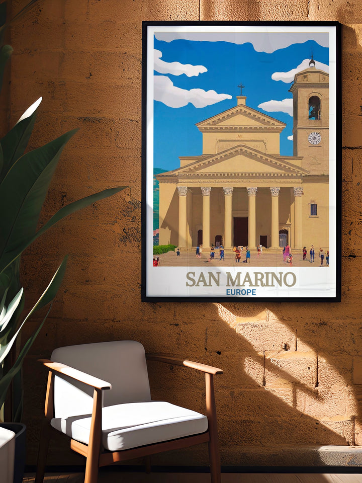 An elegant San Marino travel poster featuring the Basilica di San Marino. This artwork captures the rich history and architecture of one of Europes smallest nations, offering a sophisticated touch to any home decor. Perfect for travel enthusiasts and art collectors alike.