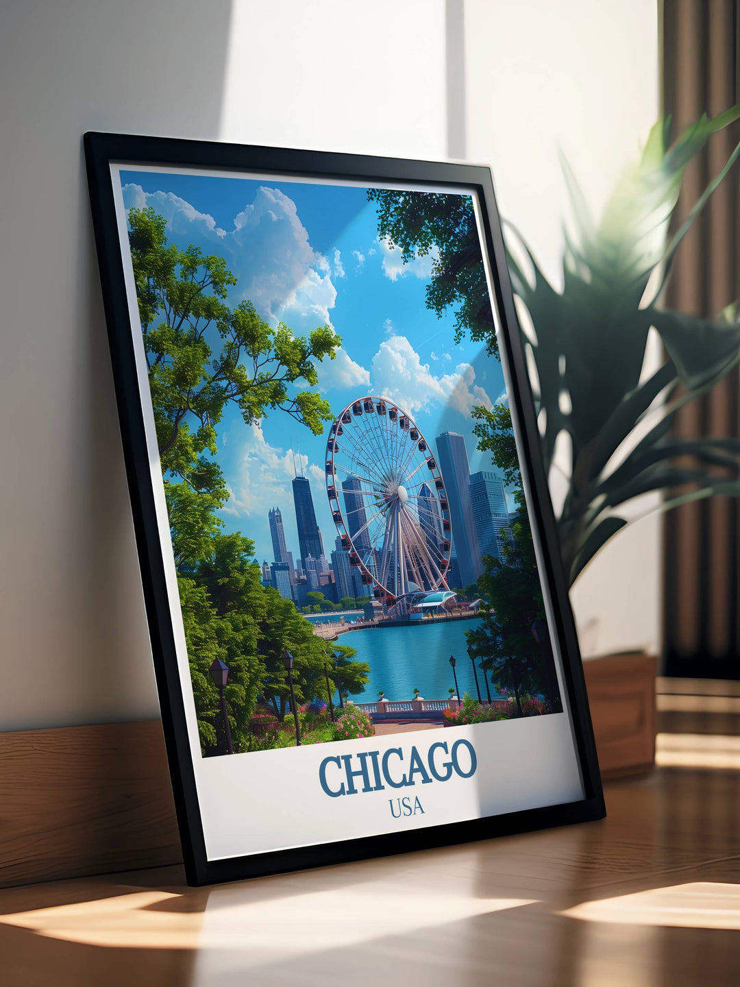 Navy Pier wall art that highlights the dynamic atmosphere and scenic backdrop of Chicagos famous landmark. This Chicago art piece is perfect for enhancing your home decor with a touch of urban elegance and sophistication.