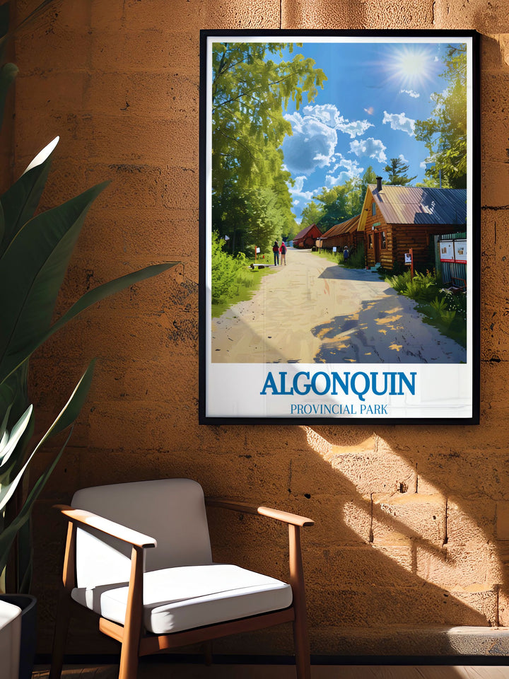 This Algonquin Provincial Park fine art print showcases the parks serene beauty and the historical charm of the Algonquin Logging Museum, making it a must have for anyone who appreciates Canadas wilderness.