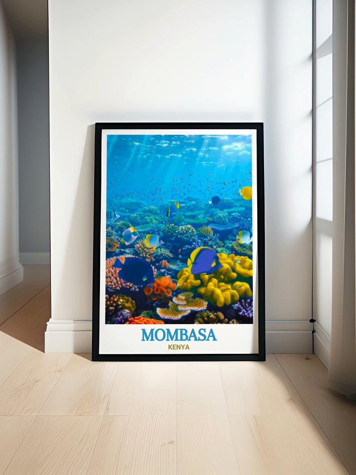 Add vibrant color to your walls with this Kenya Canvas Art, depicting the natural wonders of Mombasa Marine National Park. Perfect for those passionate about marine life and African coastal landscapes.