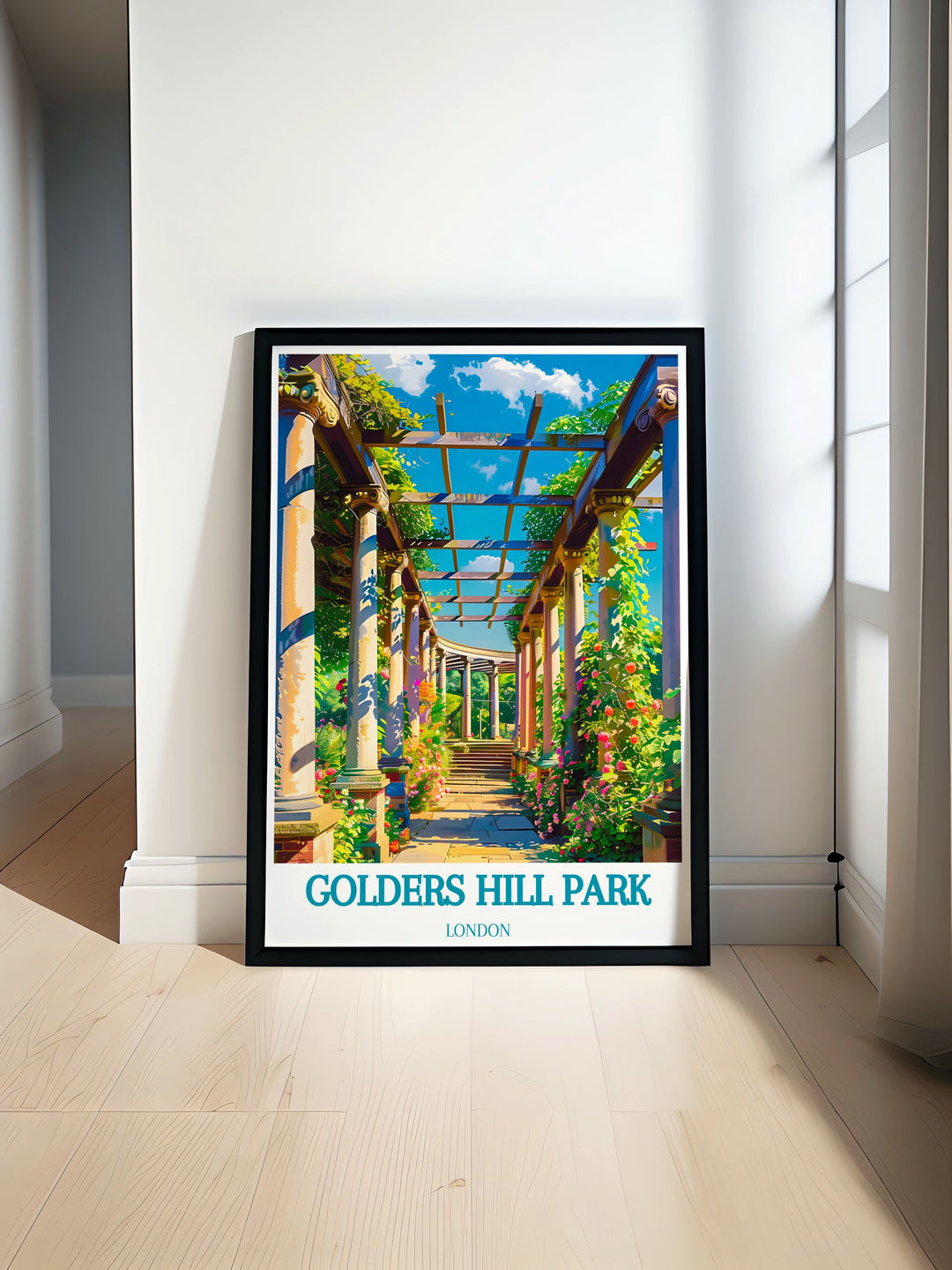 A vibrant print capturing the serene beauty of Golders Hill Park, surrounded by vibrant flowers and charming water features, ideal for nature lovers and garden enthusiasts, perfect for adding a touch of tranquility to your home decor.