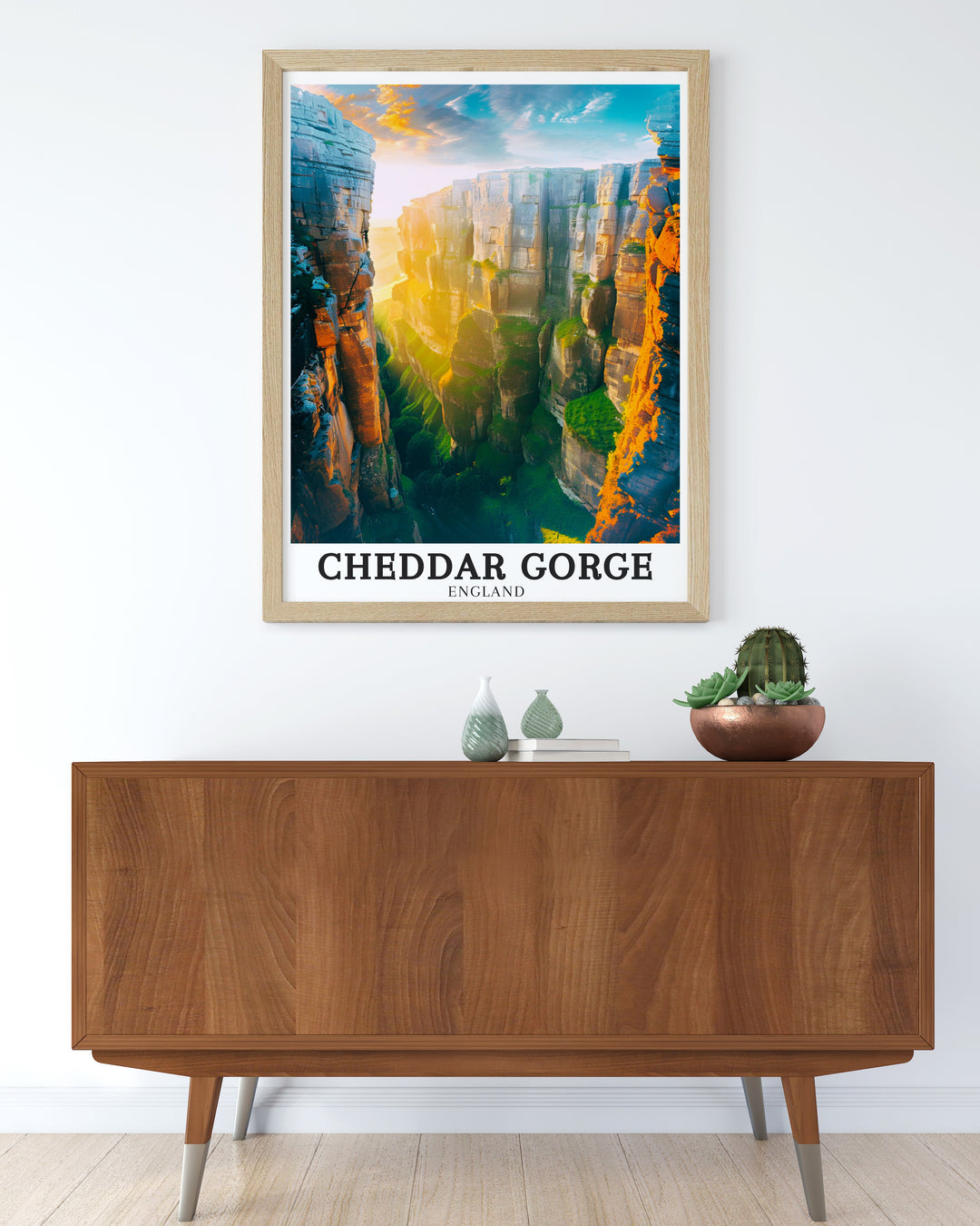 A detailed travel print featuring the limestone cliffs of Cheddar Gorge and the tranquil countryside of the Mendip Hills, perfect for anyone looking to celebrate the British countryside in their home décor.