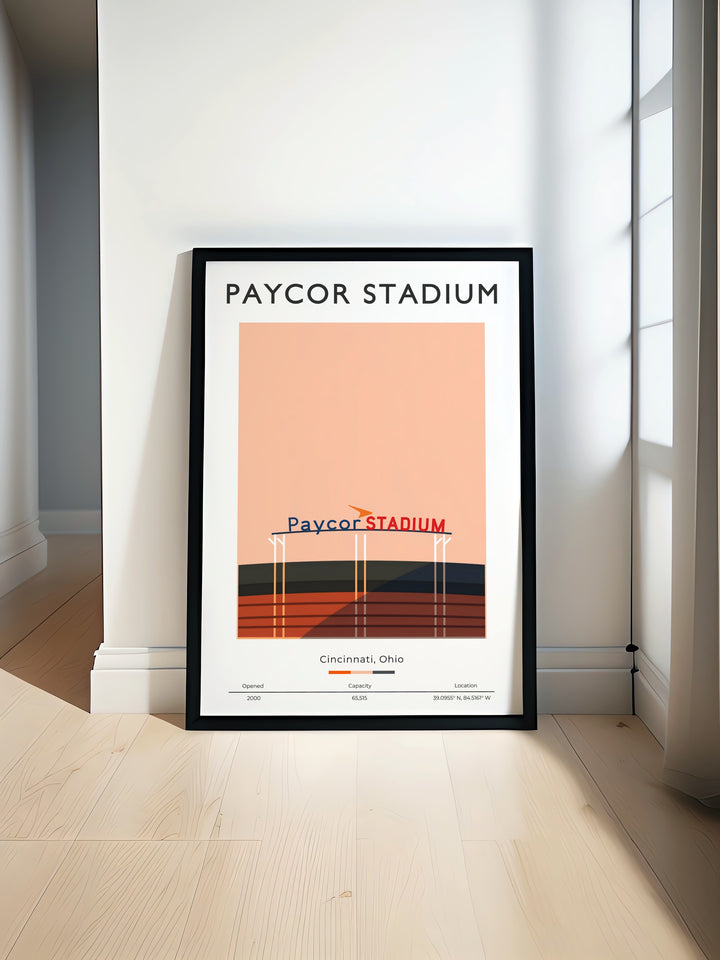 Paycor Stadium travel poster featuring Cincinnati Bengals art with Joe Burrow and Joe Mixon making it a perfect football fan gift for boys and dads looking for stunning retro NFL prints and vintage NFL posters for their wall decor