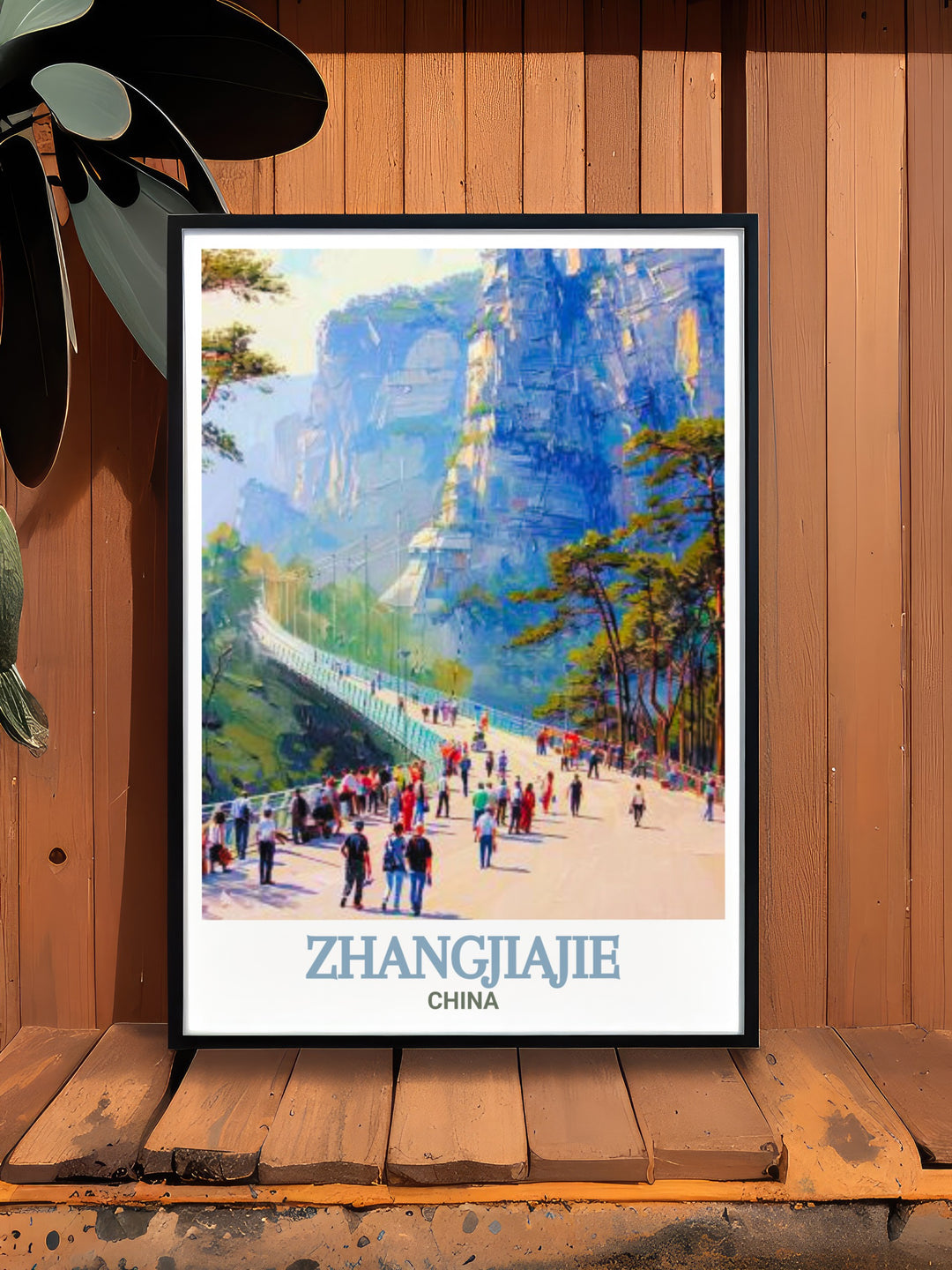 Beautiful China travel poster featuring the Glass Bridge of Zhangjiajie Grand Canyon perfect for creating a serene and elegant ambiance in any room of your home