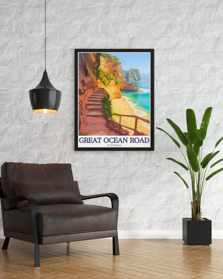 The Twelve Apostles and Gibson Steps are beautifully captured in this Great Ocean Road travel print. Bring a touch of Australias rugged coastline into your home decor with this vibrant art print, perfect for travelers and landscape enthusiasts.