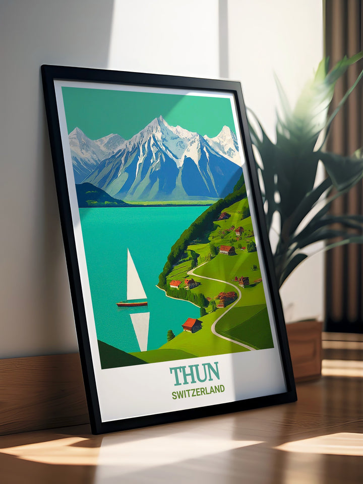 A captivating Thun Framed Art print, featuring the calm waters of Lake Thun and the majestic Swiss Alps. This Switzerland wall art is an excellent choice for adding a sense of adventure and natural beauty to your decor.