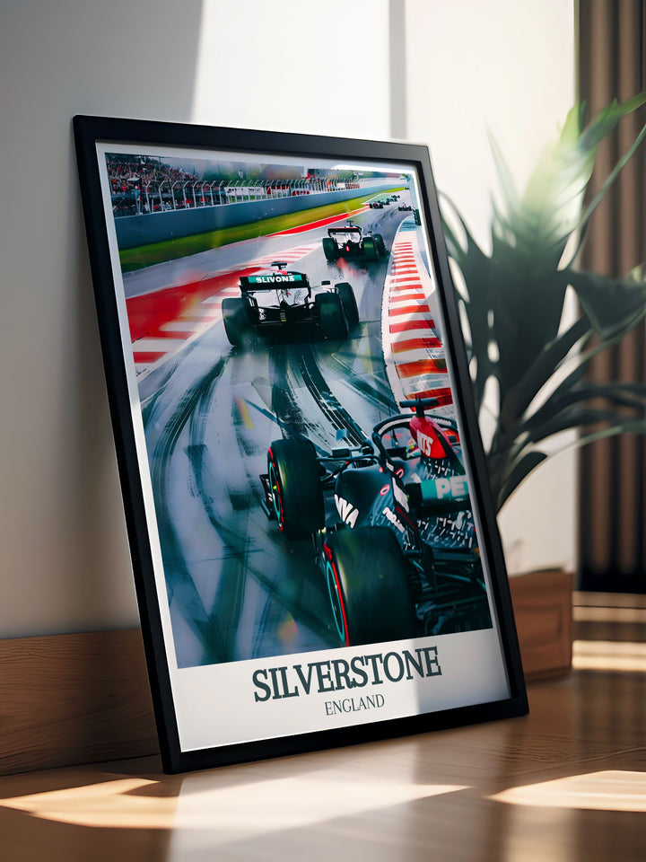 Stunning Silverstone Circuit Silverstone Wing wall art depicting the grandeur and excitement of the circuit. This racing event poster brings a sophisticated element to your home decor and is a perfect choice for motorsport enthusiasts.