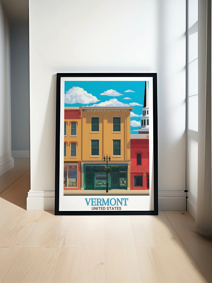 Vermont Ski Resort Poster featuring Church Street Marketplace and Stratton Vermont perfect for lovers of skiing and winter sports. This beautiful artwork brings the charm of Vermont landscapes and cultural sites into your home decor.