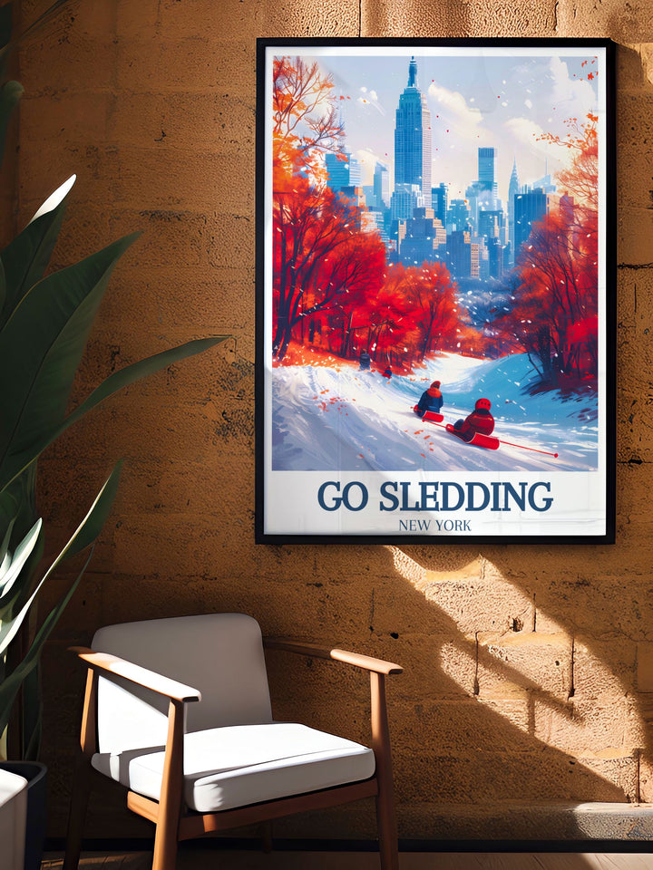 Fine art print showcasing a vibrant winter scene in Central Park, with families and friends enjoying a day of sledding in the fresh snow.