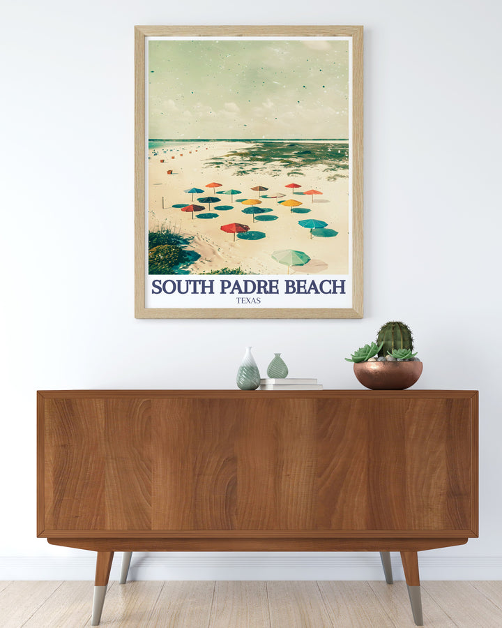 This framed art piece of South Padre Beach and Isla Blanca beautifully illustrates the stunning coastline and clear waters of the Gulf of Mexico. Perfect for home decor or as a gift, this print captures the peaceful essence of South Padre Island, making it a must have for coastal enthusiasts.