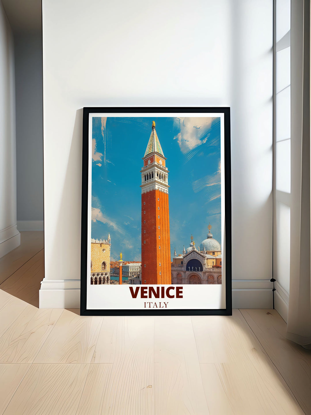 Venice poster showcasing the iconic Campanile with vibrant city colors and detailed architectural features perfect for modern home decor and travel enthusiasts