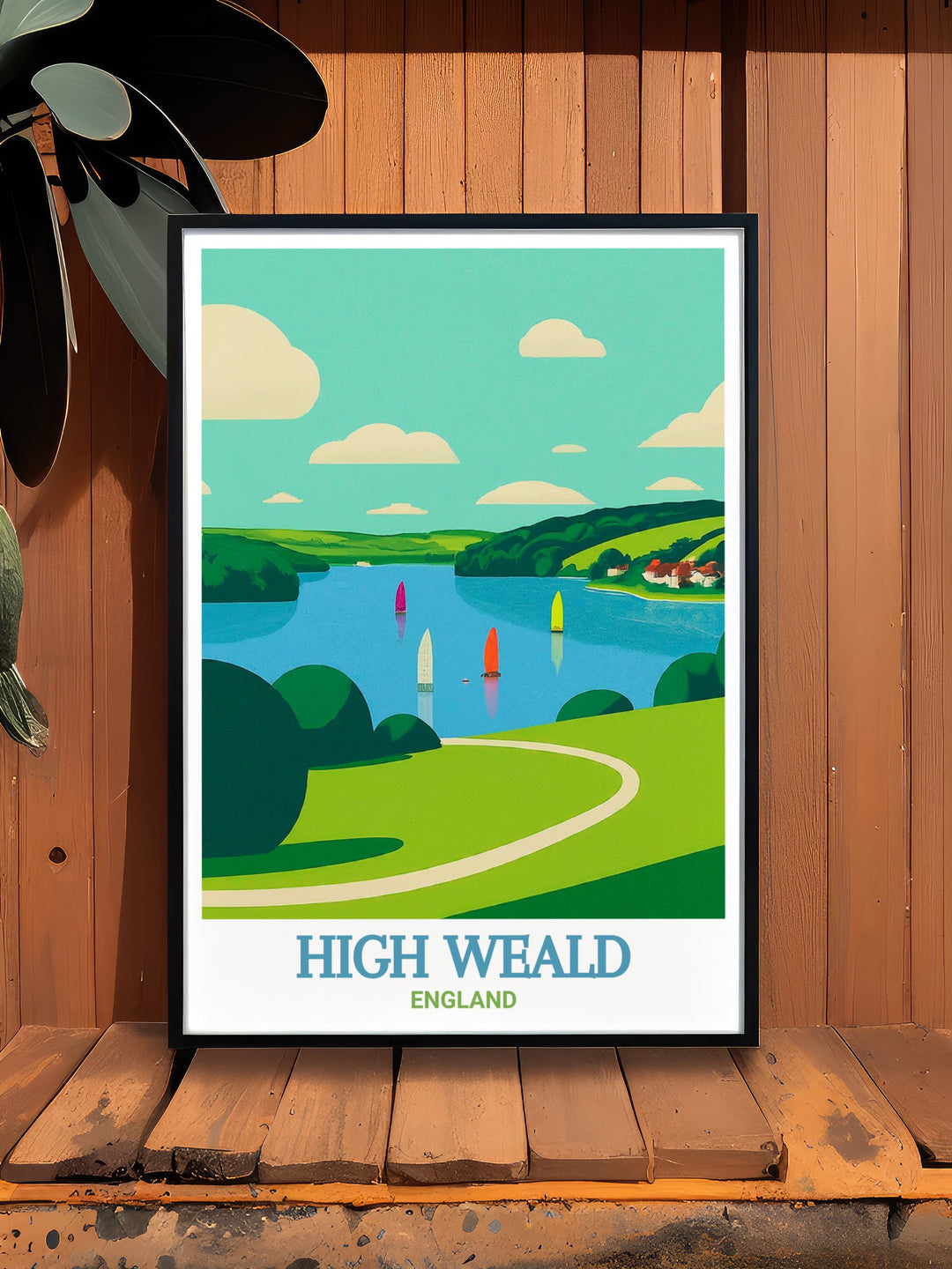 Vintage travel print of High Weald and Bewl Water featuring the serene landscapes of the British countryside perfect for creating a peaceful and nostalgic atmosphere in your living space ideal for fans of retro artwork and bucket list prints.