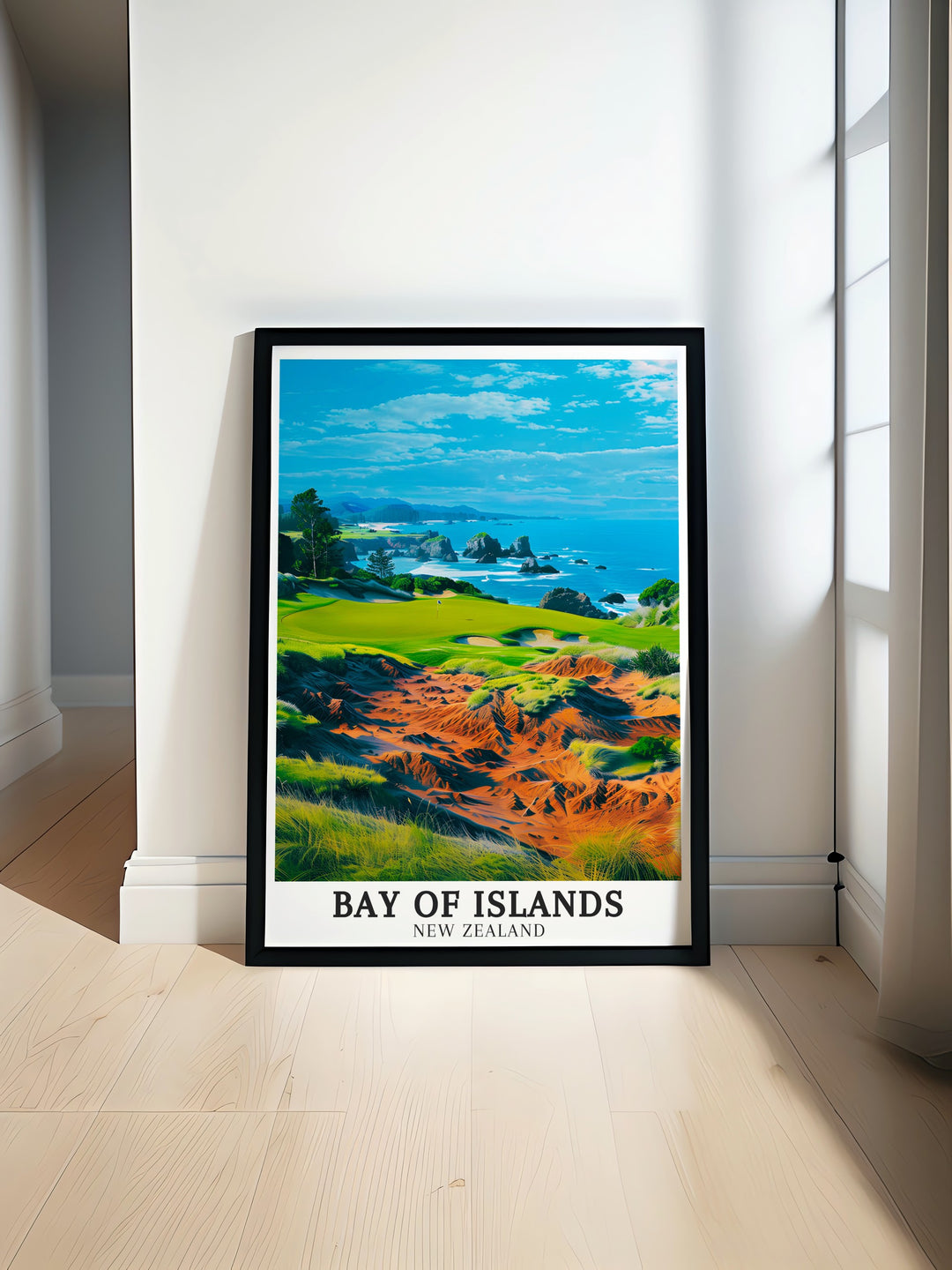 Bay of Islands Travel Poster featuring Rosewood Kauri Cliffs and Kauri Golf Course in New Zealand showcasing the breathtaking landscape perfect for enhancing your home decor with elegant New Zealand wall art adding a touch of tranquility and natural beauty to your space.