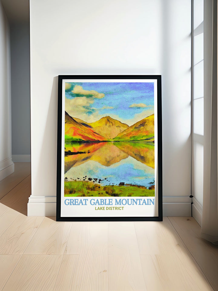 Our Lake District travel print offers a glimpse into the natural beauty of Great Gable and Wasdale Head. The artwork highlights the sweeping views and rugged terrain that make the Lake District a must visit destination for outdoor enthusiasts. This travel print is ideal for those looking to bring the charm of the English countryside into their home decor.