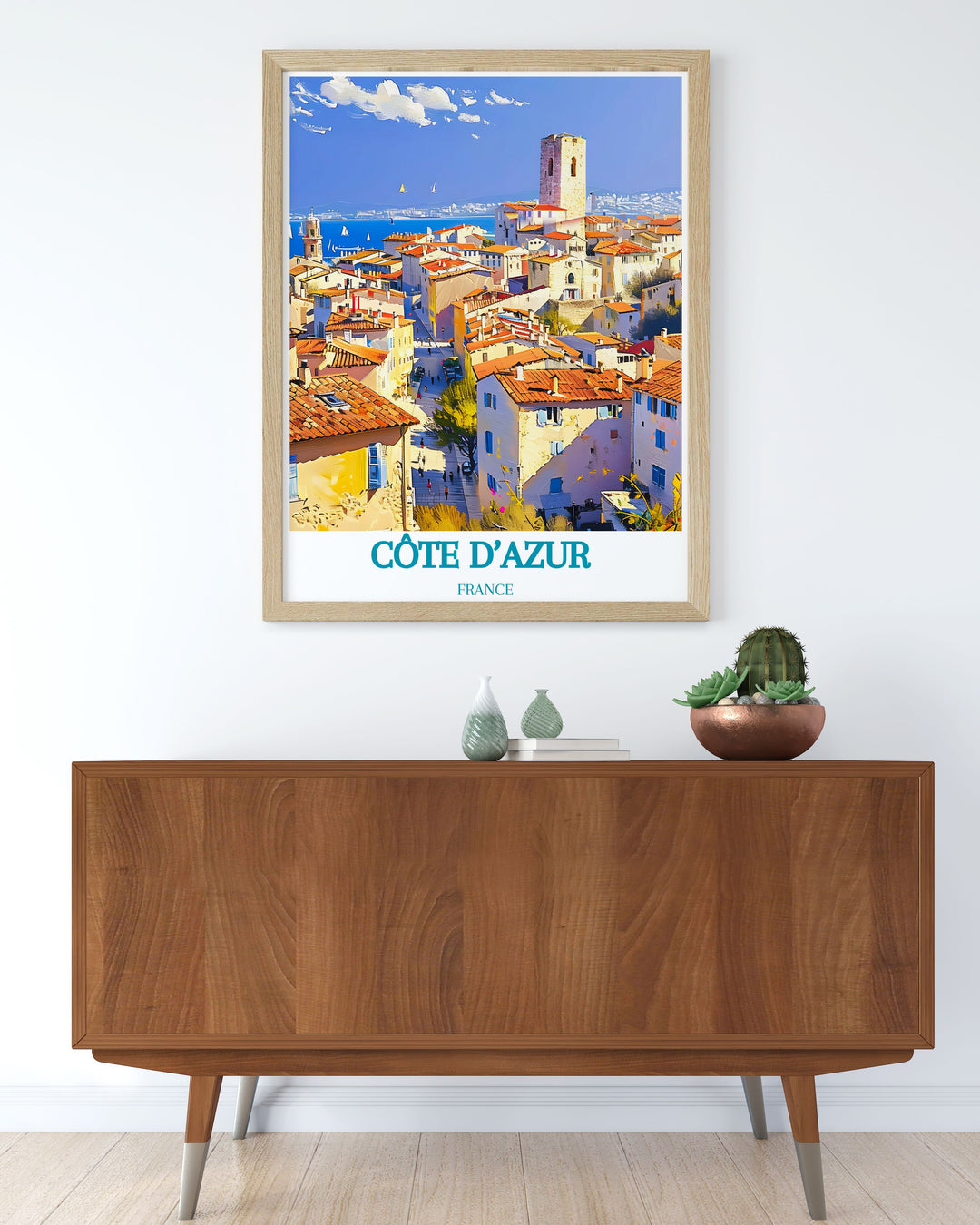 Canvas art of the Old Town of Antibes in the Côte dAzur, France, featuring the stunning views of the Mediterranean. This piece captures the charming streets, clear waters, and vibrant marketplace, making it a perfect addition to any nature inspired decor.