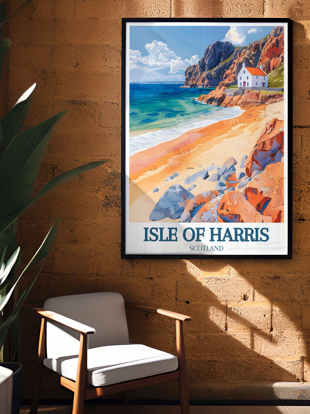 This vintage poster of Luskentyre Beach pays tribute to its iconic status in the Outer Hebrides. The classic design and striking colors evoke a sense of nostalgia, ideal for anyone who appreciates the rich heritage of Scotlands coastal beauty.