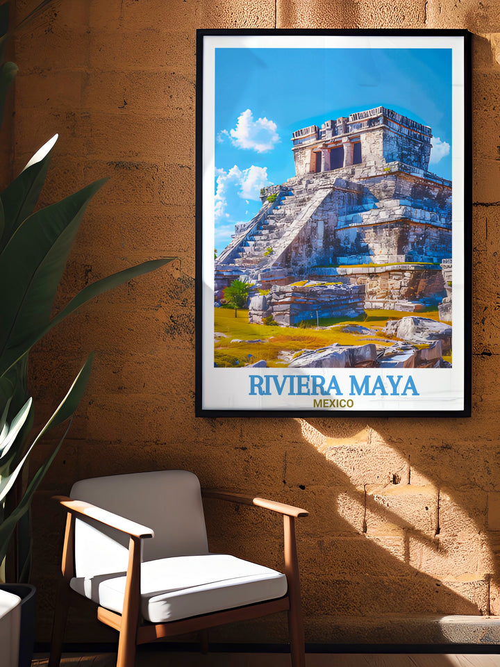 Stunning Tulum Ruins framed print from Riviera Maya Mexico perfect for beach decor and tropical art lovers. This detailed artwork makes an ideal Mexico gift enhancing home living decor with vibrant illustrations of Tulum Ruins serene and historic atmosphere.