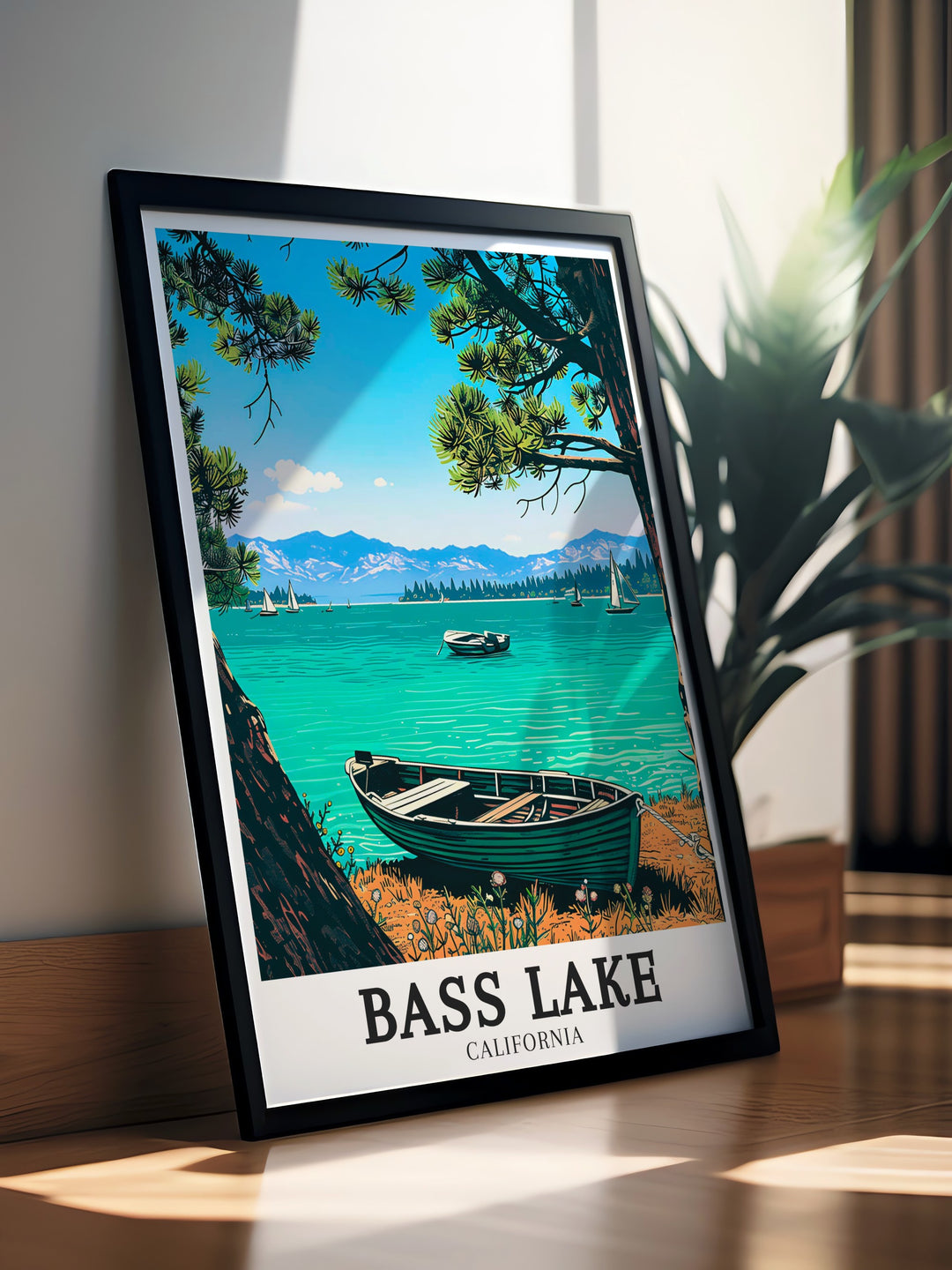 Bring the tranquility of Bass Lake California into your home with this retro travel poster depicting the serene Sierra Nevada Mountains and Sierra National Forest perfect for lovers of Yosemite California.