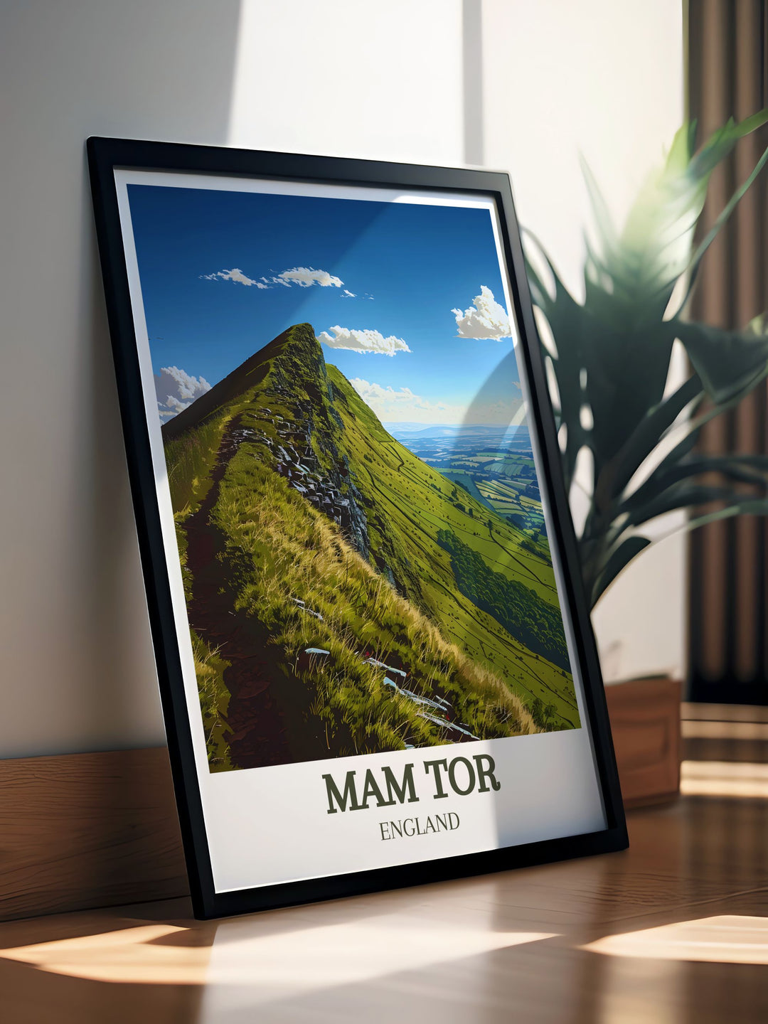 Peak District print featuring Mam Tor summit and the Great Ridge peaks showcasing the natural beauty of Derbyshire ideal for stylish wall decor or as a bucket list print for hiking fans