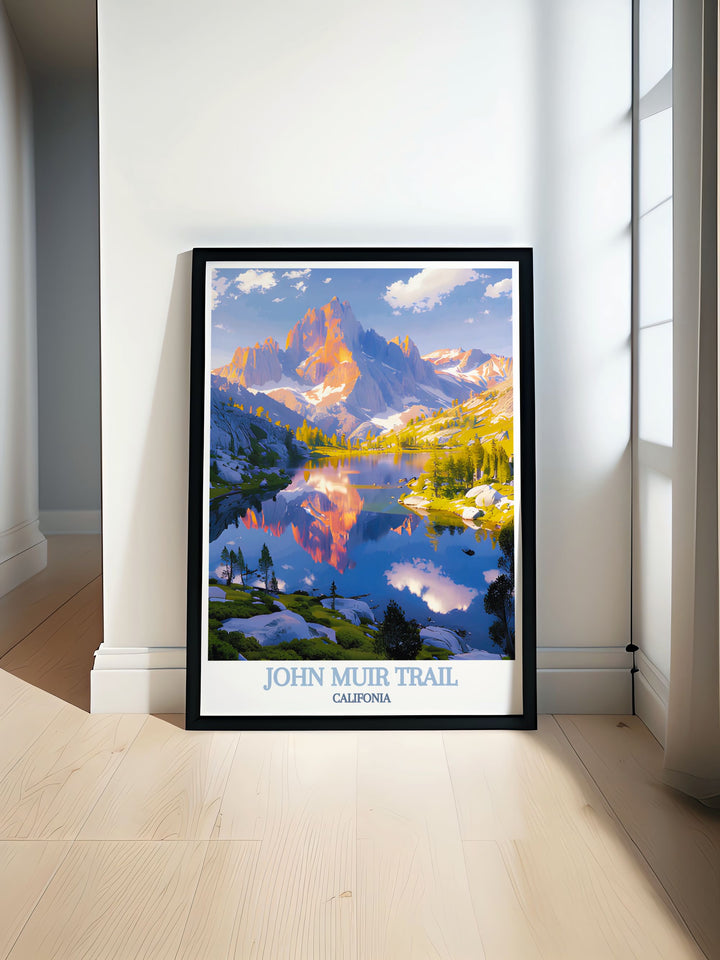 Highlighting the serene beauty of the John Muir Trail, this travel poster captures its majestic landscapes and tranquil wilderness. Perfect for those who appreciate unique natural wonders, this artwork brings the essence of California into your home.