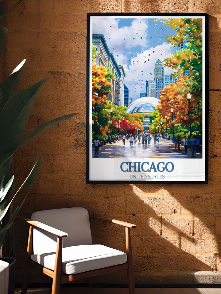 Experience the magic of Chicago with this stunning travel poster. Highlighting the architectural beauty and cultural significance of Millennium Park and Cloud Gate, this poster is ideal for those who love urban charm and modern elegance. Add a touch of Chicagos allure to your home decor.