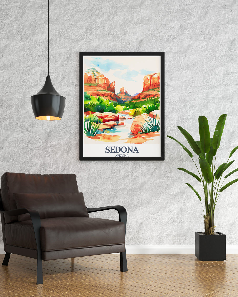 Arizona Poster with detailed artwork of Bell Rock and Oak Creek Canyon showcasing the beautiful natural scenery of Sedona for elegant home decor.