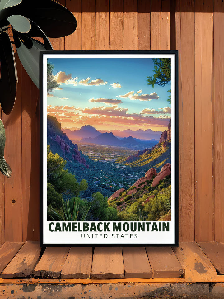Enhance your home decor with this Echo Canyon Trail print capturing the stunning vistas of Mt. Camelback. This Arizona travel print is perfect for those who love nature and adventure making it a wonderful gift for any occasion or a beautiful addition to your collection.