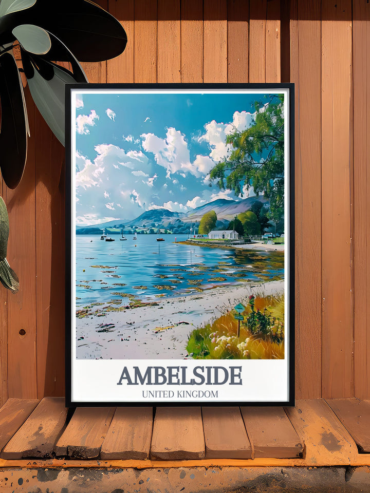 Retro travel poster of Ambleside, showcasing the timeless beauty of Lake Windermere, perfect for those who appreciate natural landscapes and English culture.
