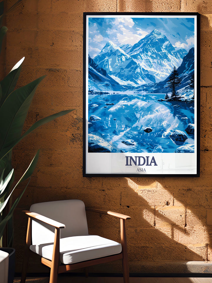 Taj Mahal meets Mount Everest in this stunning travel print, which beautifully displays the cultural and natural beauty of India and the Himalayas. Perfect as a gift or for adding a touch of wanderlust to your home decor.