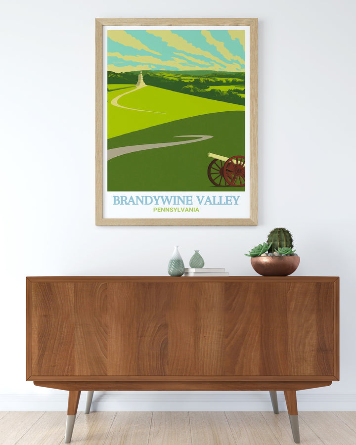 This travel poster features the historically rich Brandywine Battlefield Park, showcasing its serene landscapes where one of the largest American Revolutionary battles took place, combined with the scenic beauty of Brandywine Valley, making it an ideal piece for history lovers and nature enthusiasts alike.