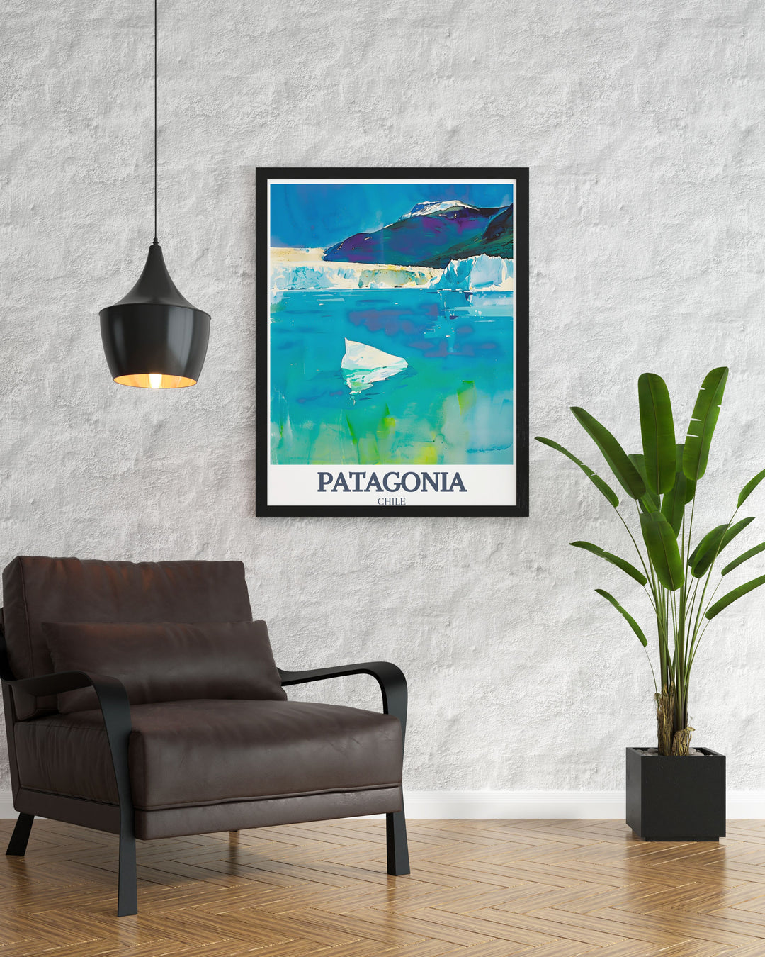 Patagonia Travel Poster featuring the snow capped Andean mountains and the peaceful Lago Argentino. This wall print is perfect for adventurers and nature enthusiasts who want to celebrate the wild beauty of Patagonia in their home decor.