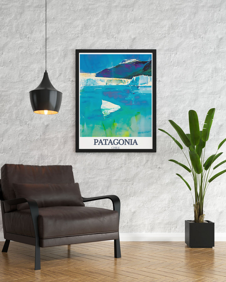 Patagonia Travel Poster featuring the snow capped Andean mountains and the peaceful Lago Argentino. This wall print is perfect for adventurers and nature enthusiasts who want to celebrate the wild beauty of Patagonia in their home decor.