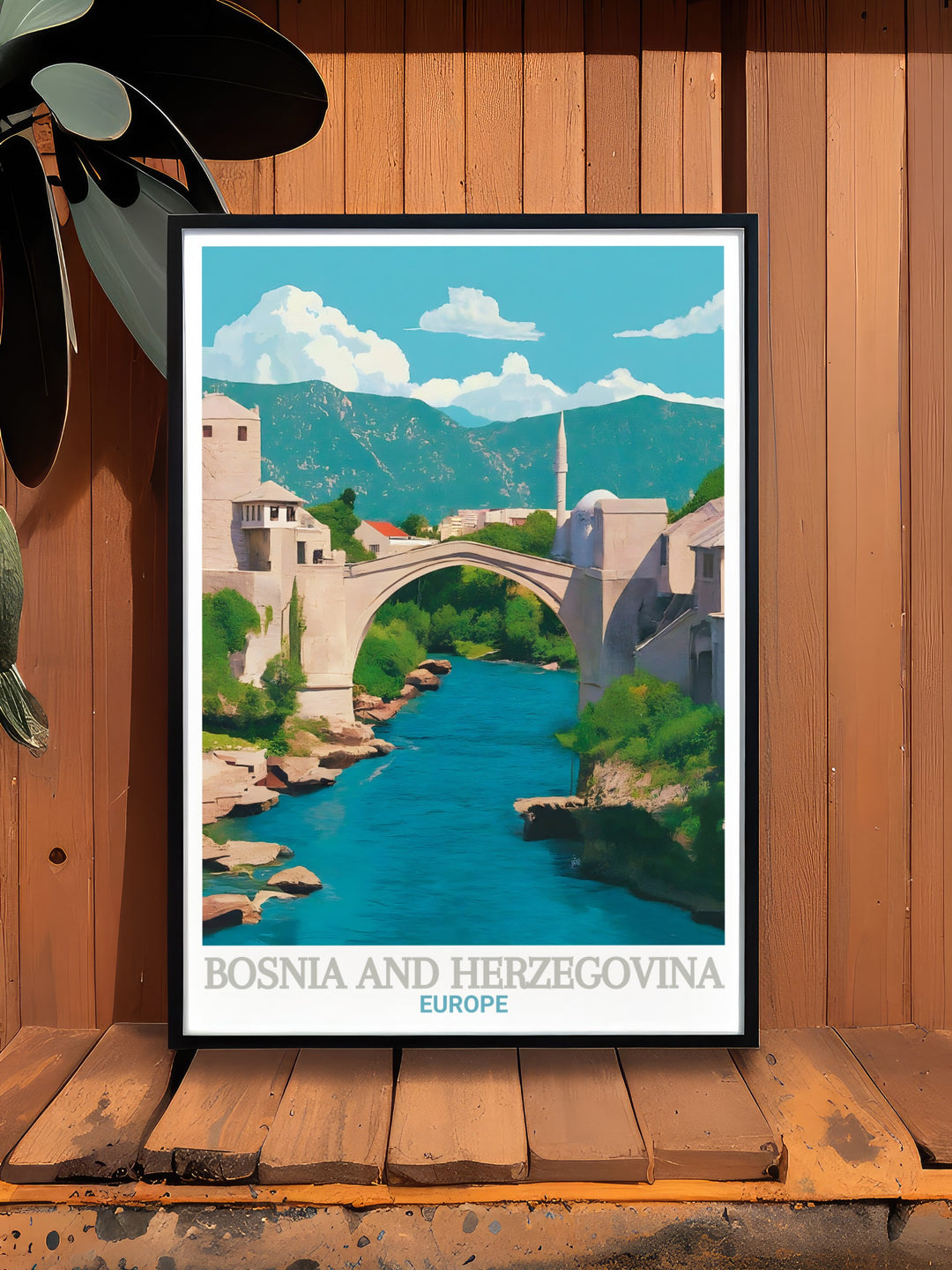 This Bosnia and Herzegovina poster print captures the majestic Stari Most, a historic 16th century bridge in Mostar. The detailed illustration of the bridge and its vibrant surroundings make this travel print an excellent addition to any home or office.