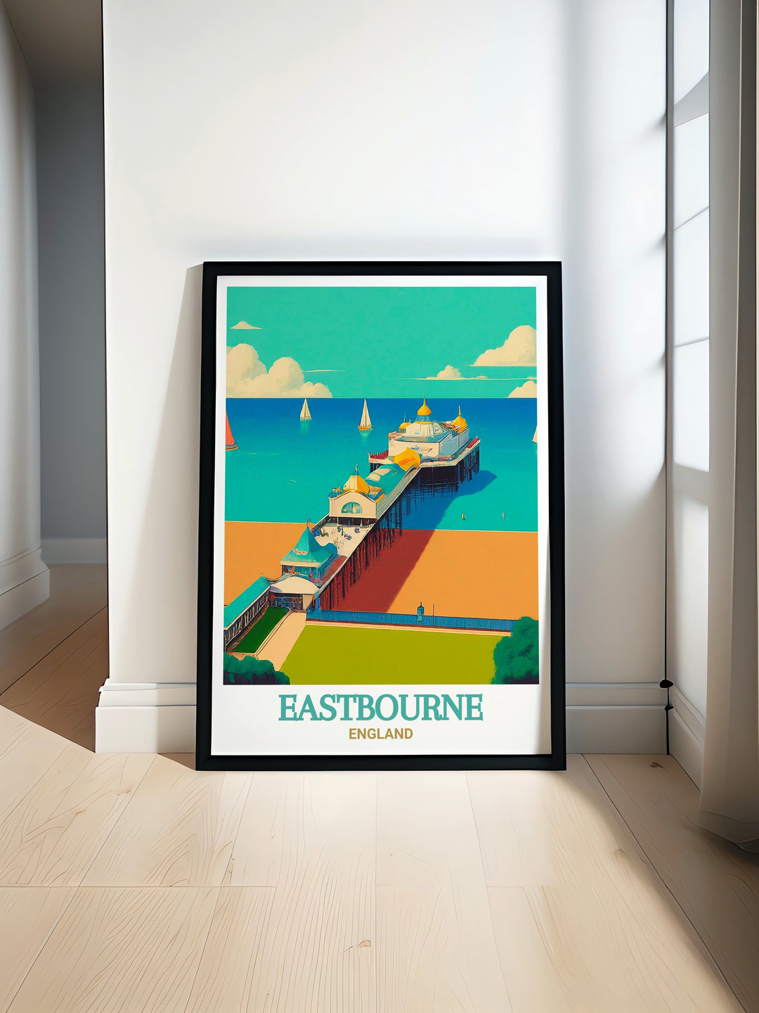 South Downs Way travel art print highlighting the beauty and historical significance of Eastbourne Pier, one of Englands most iconic seaside structures. This print is ideal for lovers of the coast and English history.