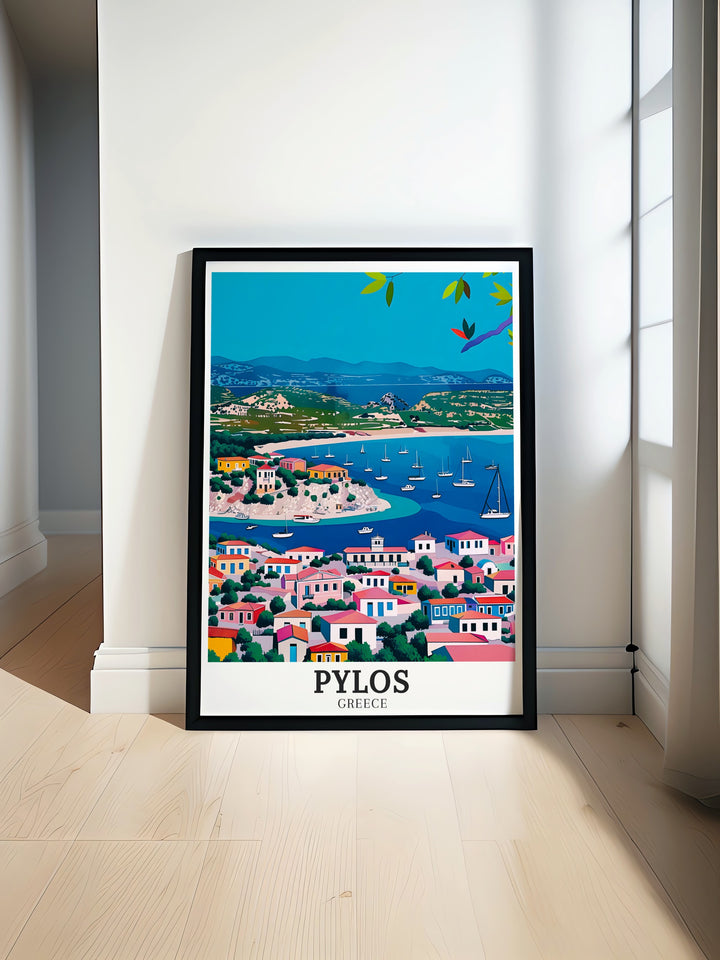 Experience the beauty of Greece with this Pylos Poster featuring Voidokilia Beach, Gialova Lagoon a stunning piece of Greece Island Art perfect for adding a touch of tranquility and elegance to any room in your home or office