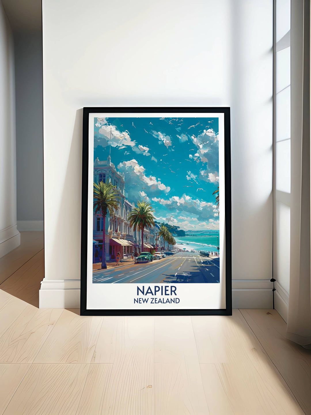 Marine Parade Modern Print featuring the picturesque seafront of Napier offering a stylish and elegant addition to any home decor ideal for gifts and enhancing living spaces