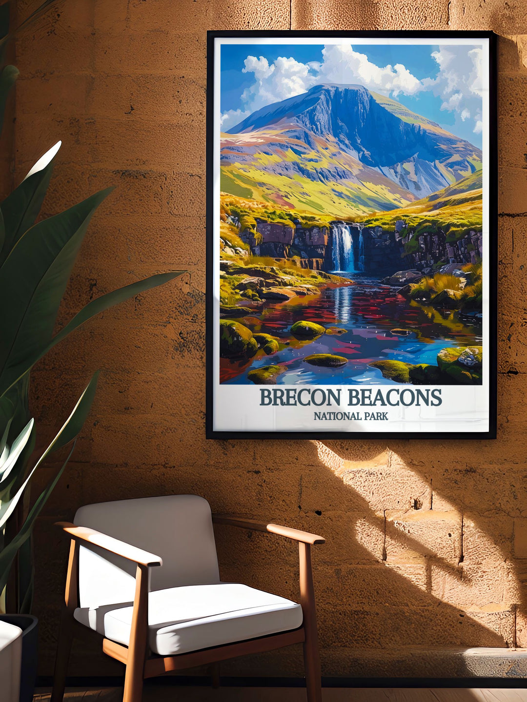 Vintage travel print of Brecon Beacons National Park featuring the stunning landscapes of Pen Y Fan and Corn Du. This artwork brings a piece of Welsh nature into your living space perfect for any wall