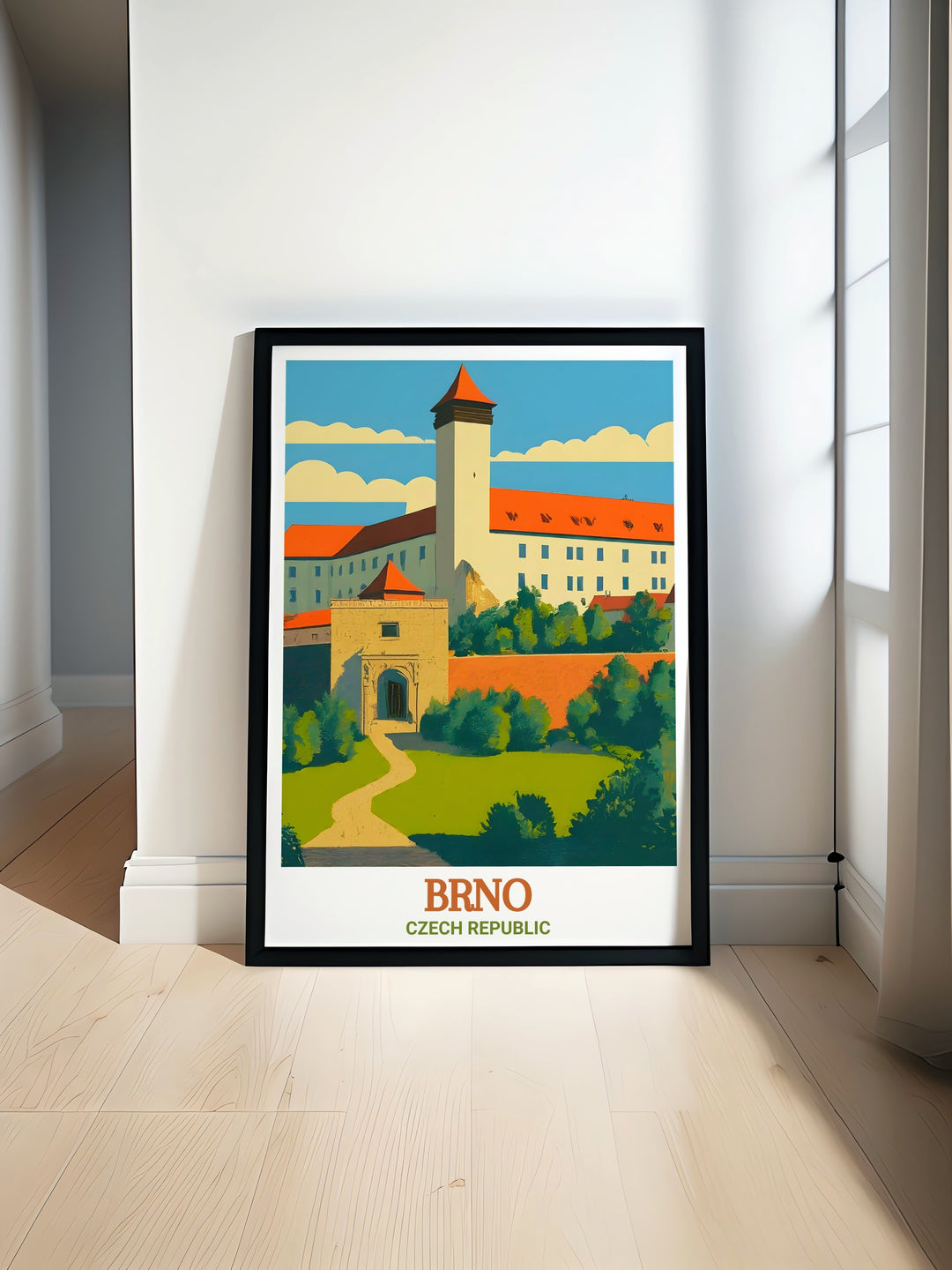 Brno travel poster featuring Spilberk Castle modern prints perfect for elegant home decor and stunning living room decor