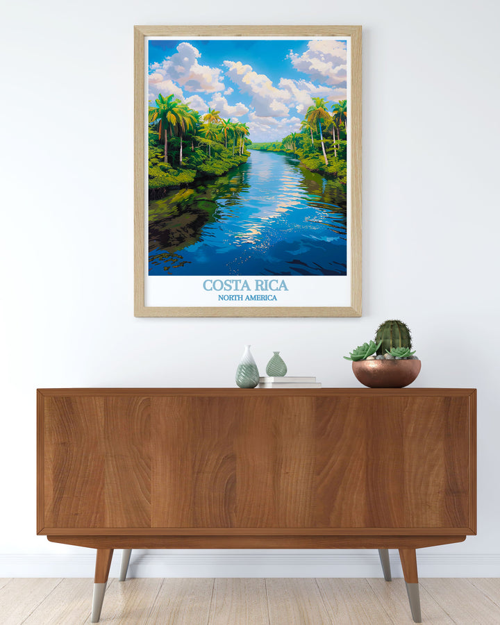 Captivating Costa Rica travel poster capturing the scenic beauty of Tortuguero National Park and the lively atmosphere of Saint Teresa, perfect for enhancing your home or office with Costa Ricas iconic landmarks.
