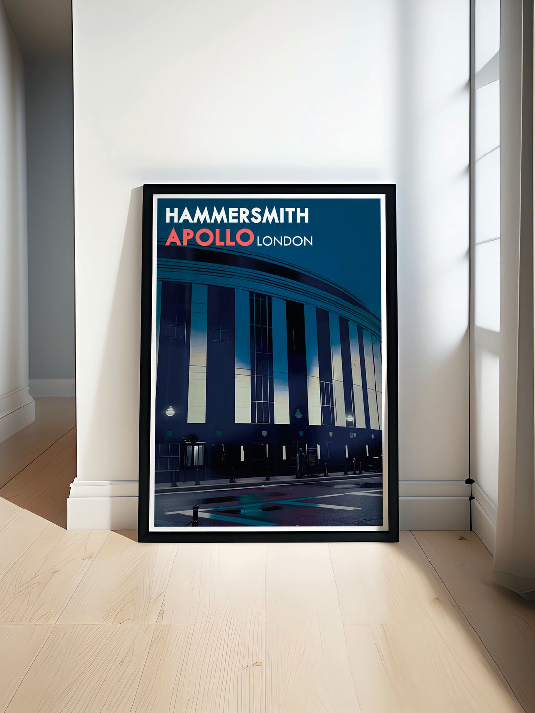 The travel poster of Hammersmith Apollo captures its iconic Art Deco facade, highlighting the historic music venues architectural beauty and vibrant atmosphere in London.