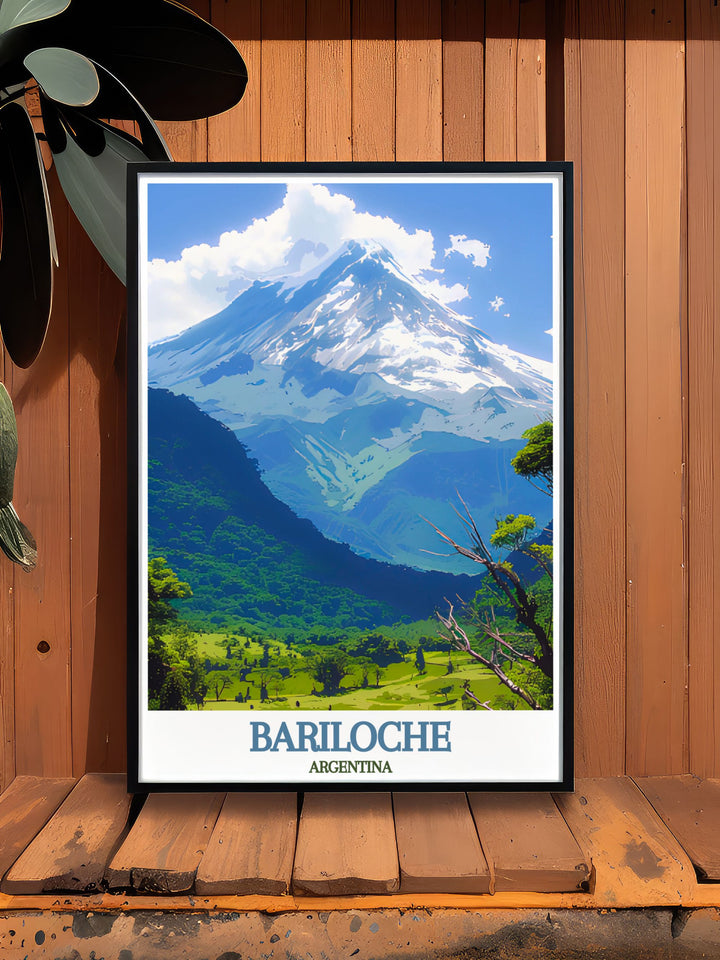 Detailed San Carlos digital download showcasing the majestic Tronador Volcano and charming town of Bariloche, perfect for any art collection or as a memorable travel keepsake. Enhances your home with Argentinian allure.